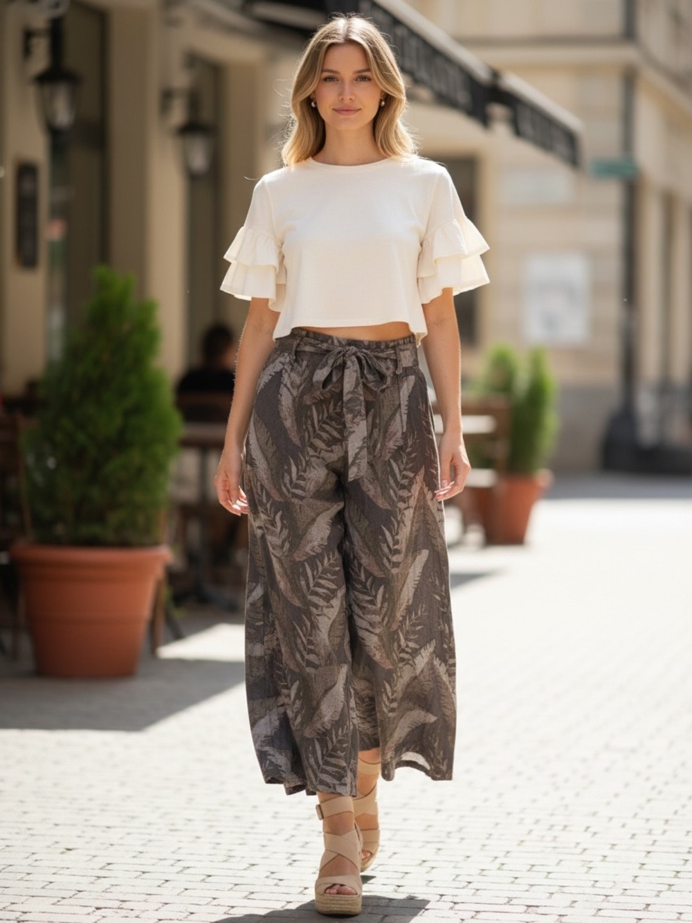 Free People Taupe Leaf-Print Wide Leg Cropped Pants